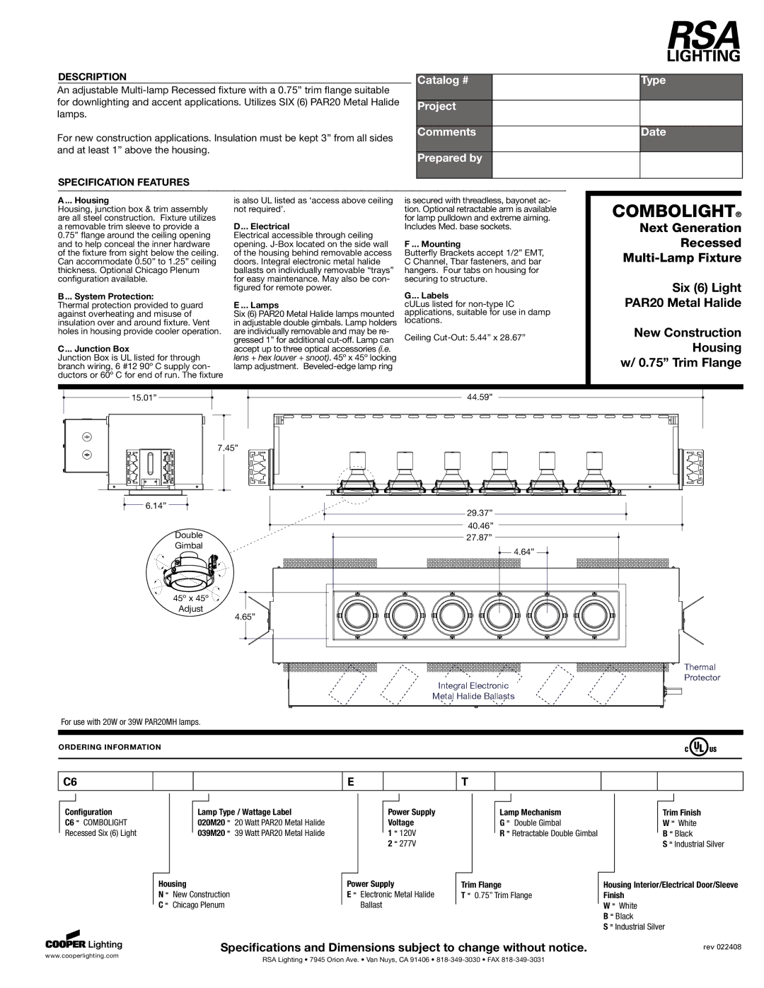 RSA Lighting 62-14410001 specifications Housing, System Protection, Junction Box, Electrical, Lamps, Mounting, Labels 