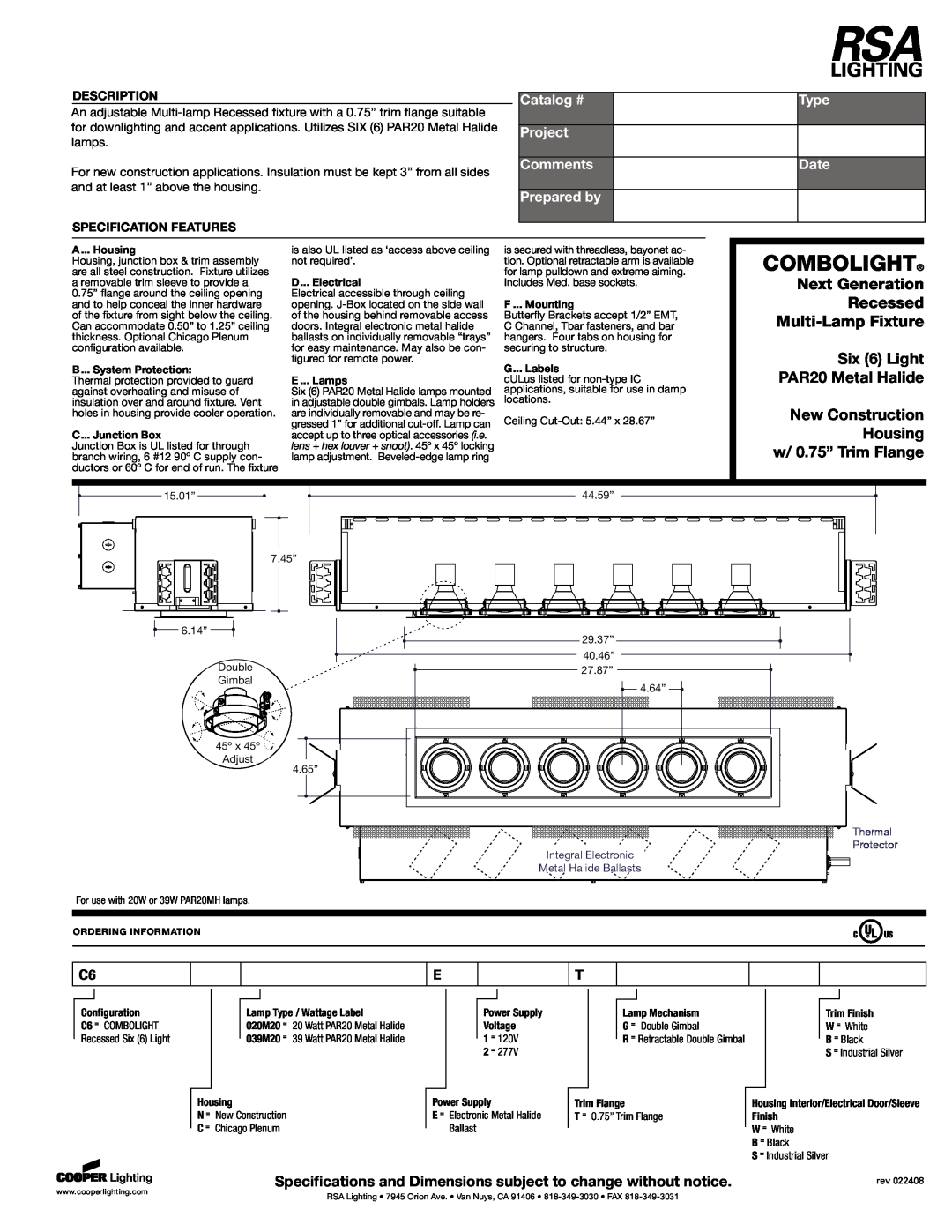 RSA Lighting 62-14410001 specifications Combolight, Next Generation Recessed Multi-LampFixture, Type Date, Description 