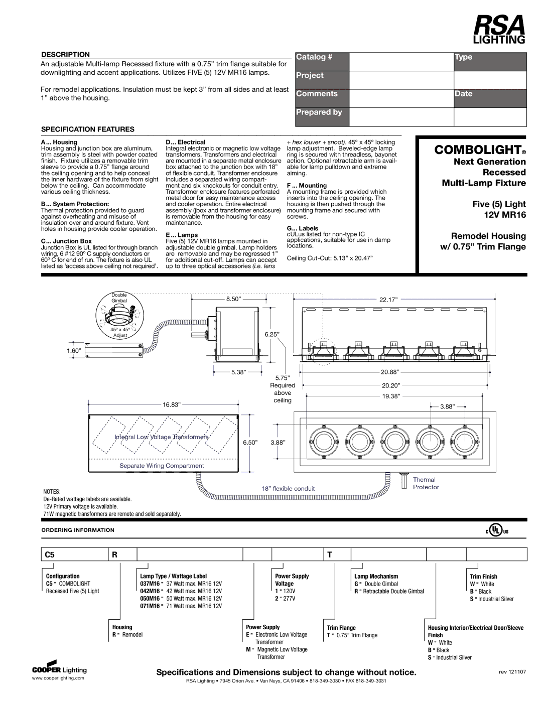 RSA Lighting 850FD specifications Housing, System Protection, Junction Box, Electrical, Lamps, Mounting, Labels, 037M16 = 