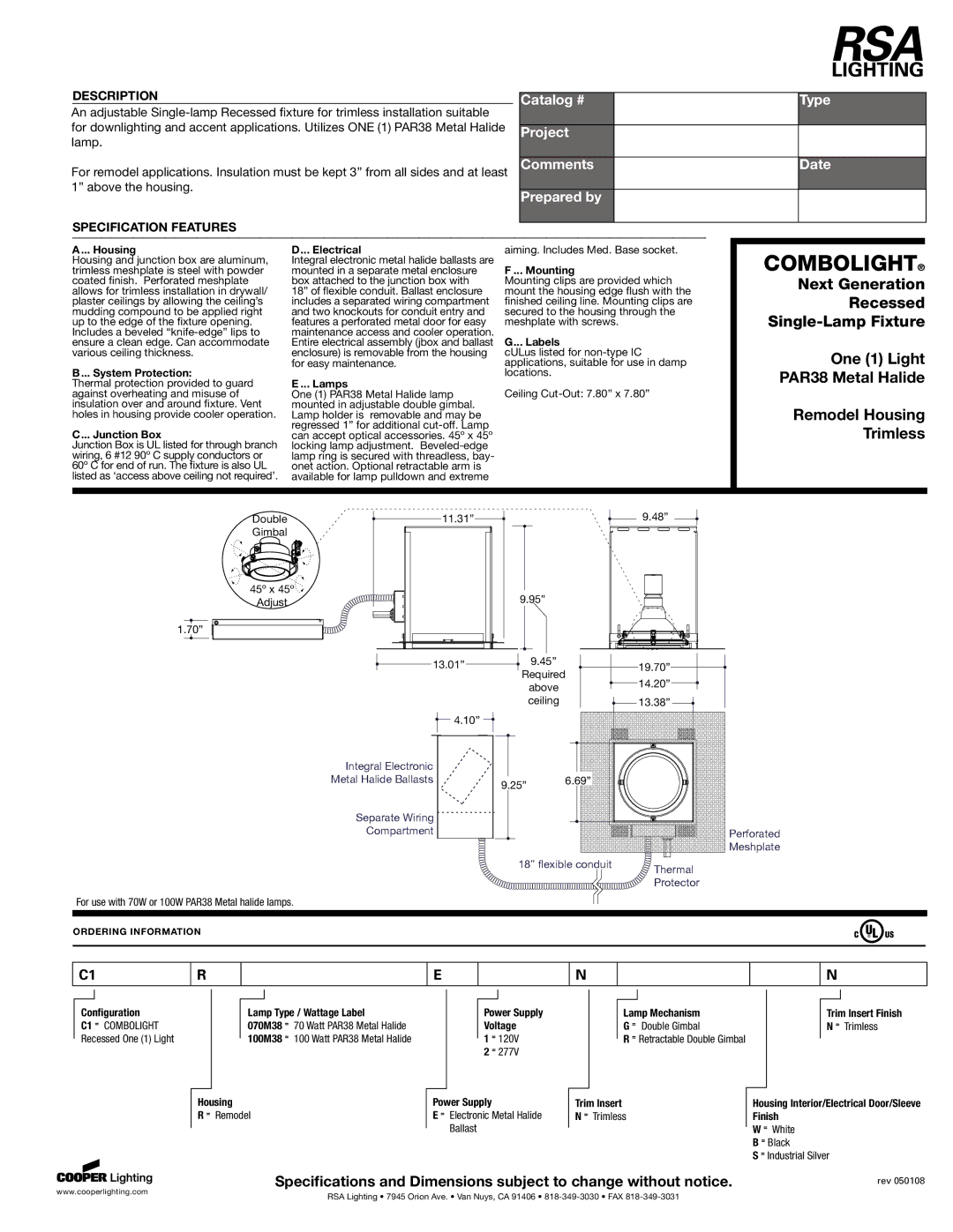 RSA Lighting 700ERV specifications Housing, System Protection, Junction Box, Electrical, Lamps, Mounting, Labels, 070M38 = 