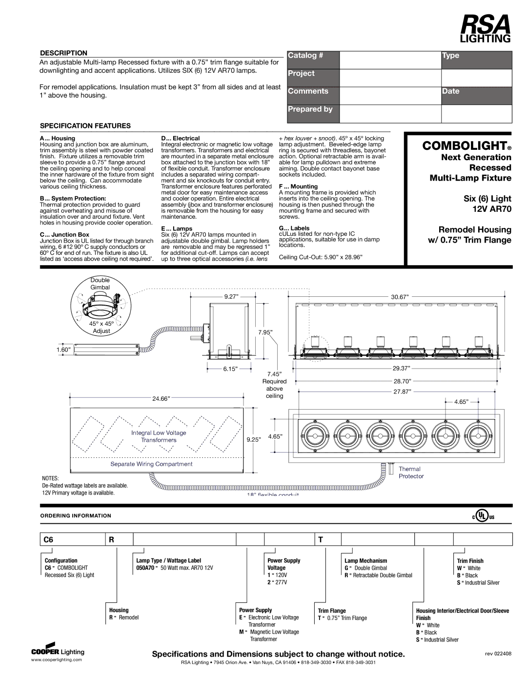 RSA Lighting AR70 specifications Housing, System Protection, Junction Box, Electrical, Lamps, Mounting, Labels 