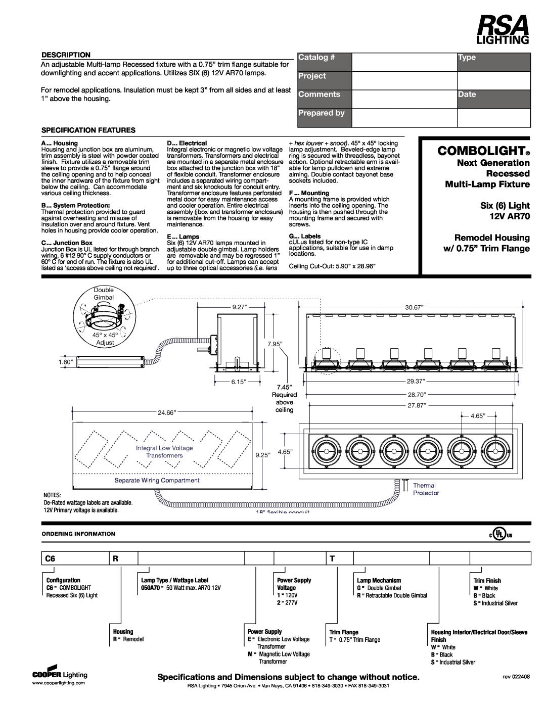 RSA Lighting specifications Combolight, Next Generation Recessed Multi-LampFixture, Six 6 Light 12V AR70, Type Date 