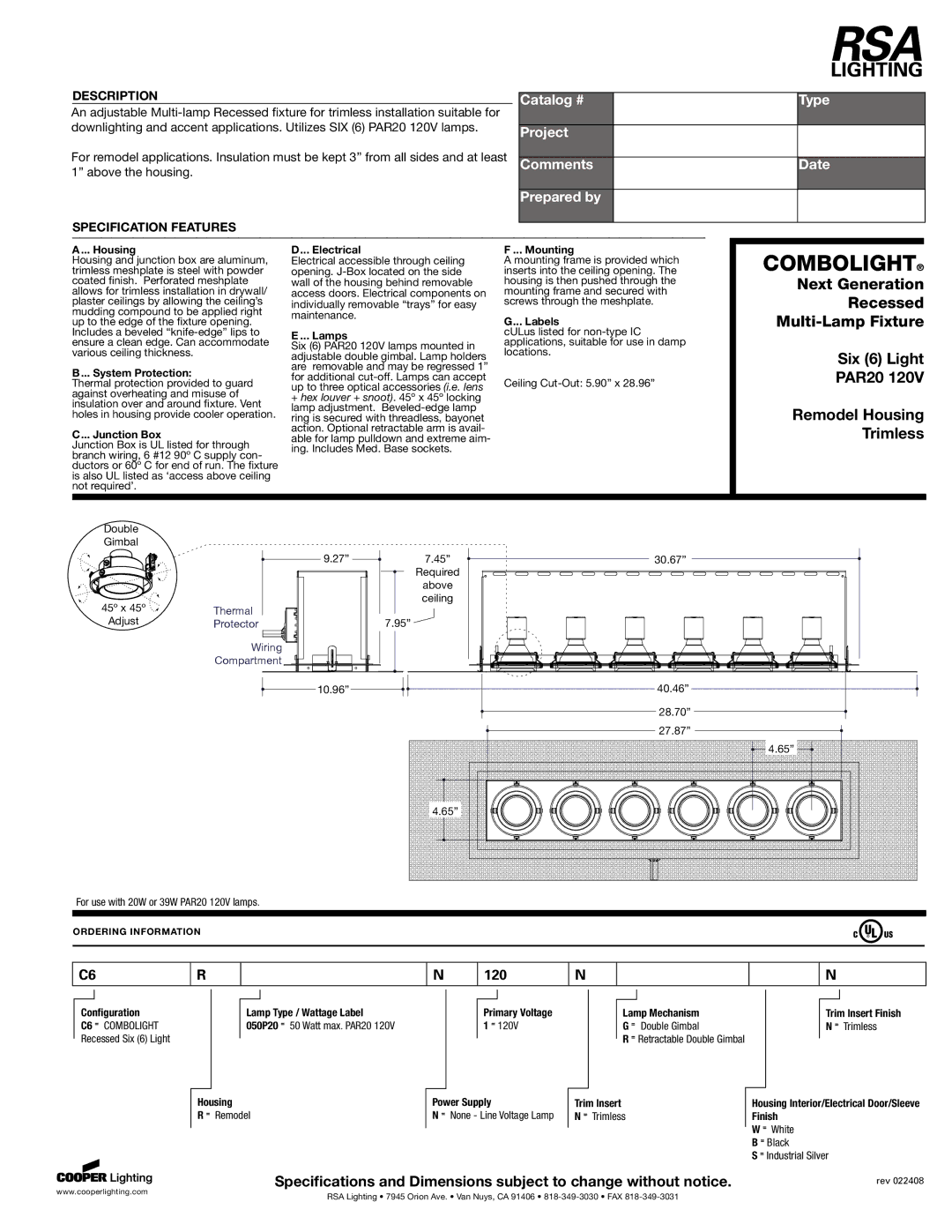 RSA Lighting Indoor Furnishings specifications Housing, System Protection, Junction Box, Electrical, Lamps, Mounting 