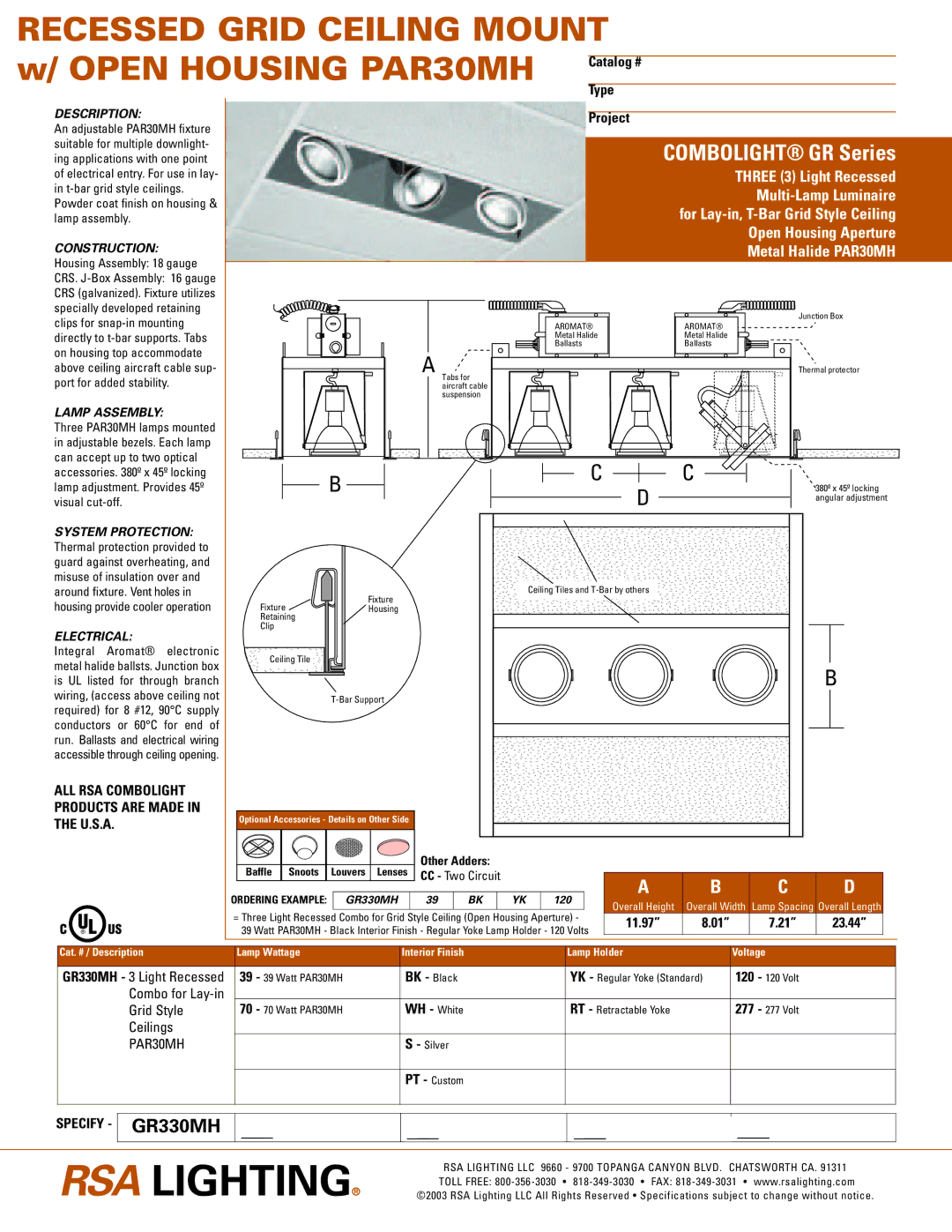 RSA Lighting K8V-X SE specifications Description, Construction, Lamp Assembly, Electrical 