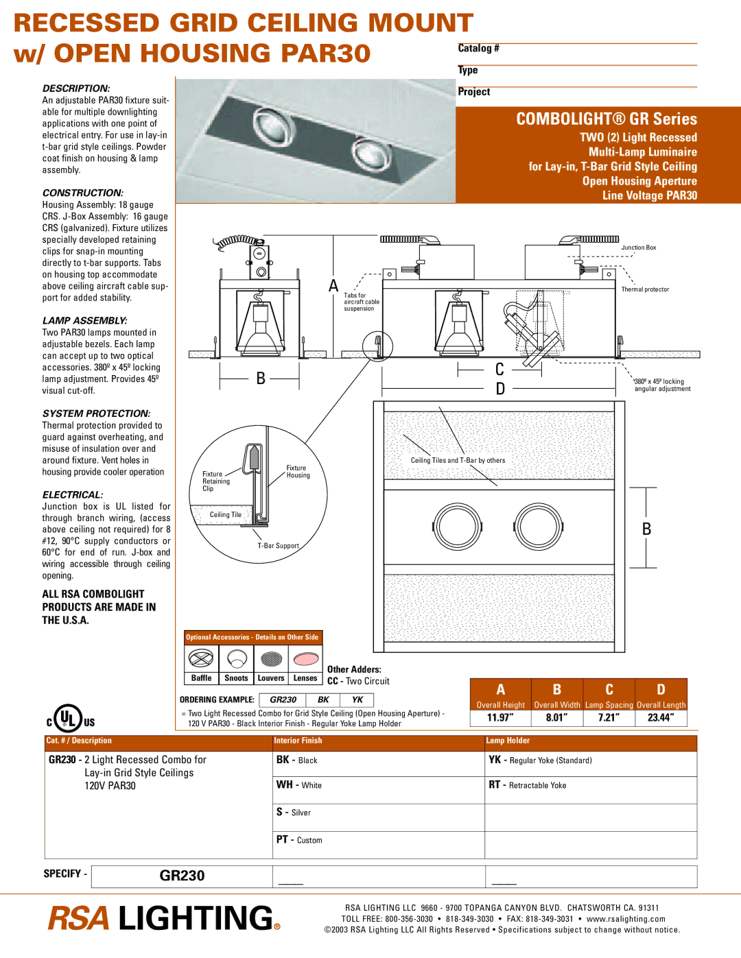 RSA Lighting PAR30 specifications Description, Construction, Lamp Assembly, Electrical 