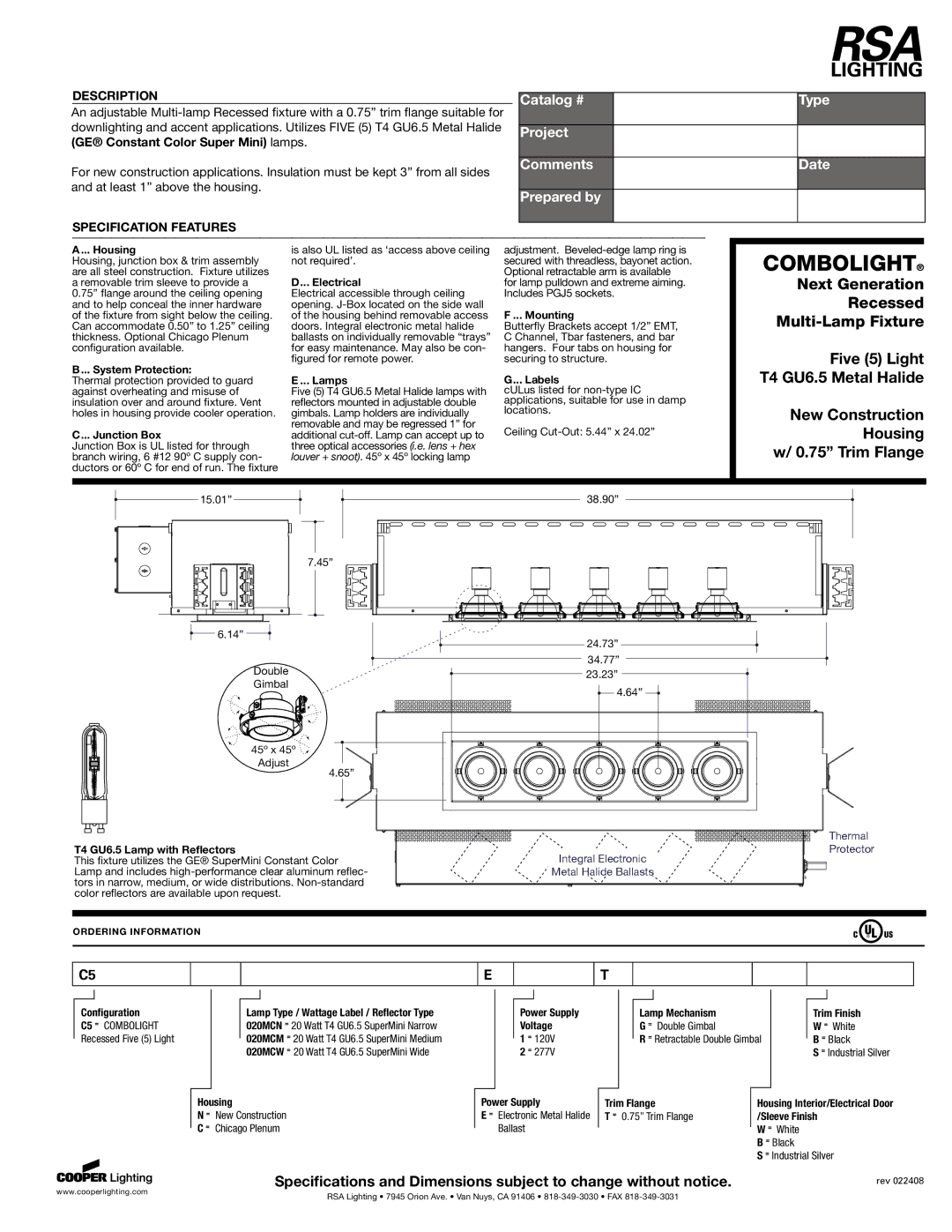 RSA Lighting 120ERV, RNC120F specifications Housing, System Protection, Junction Box, Electrical, Lamps, Mounting, Labels 