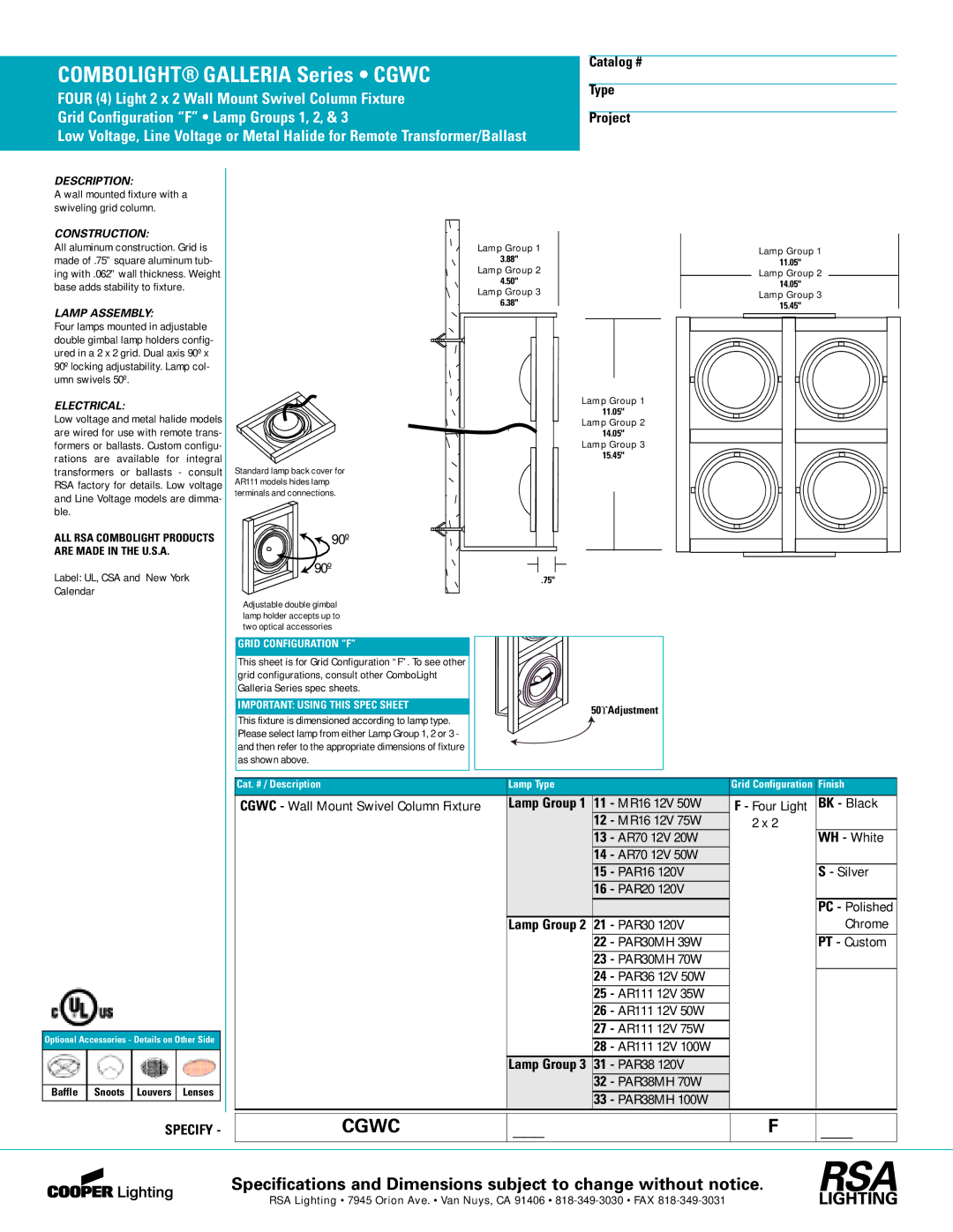 RSA Lighting S243-4NU specifications Combolight Galleria Series Cgwc 