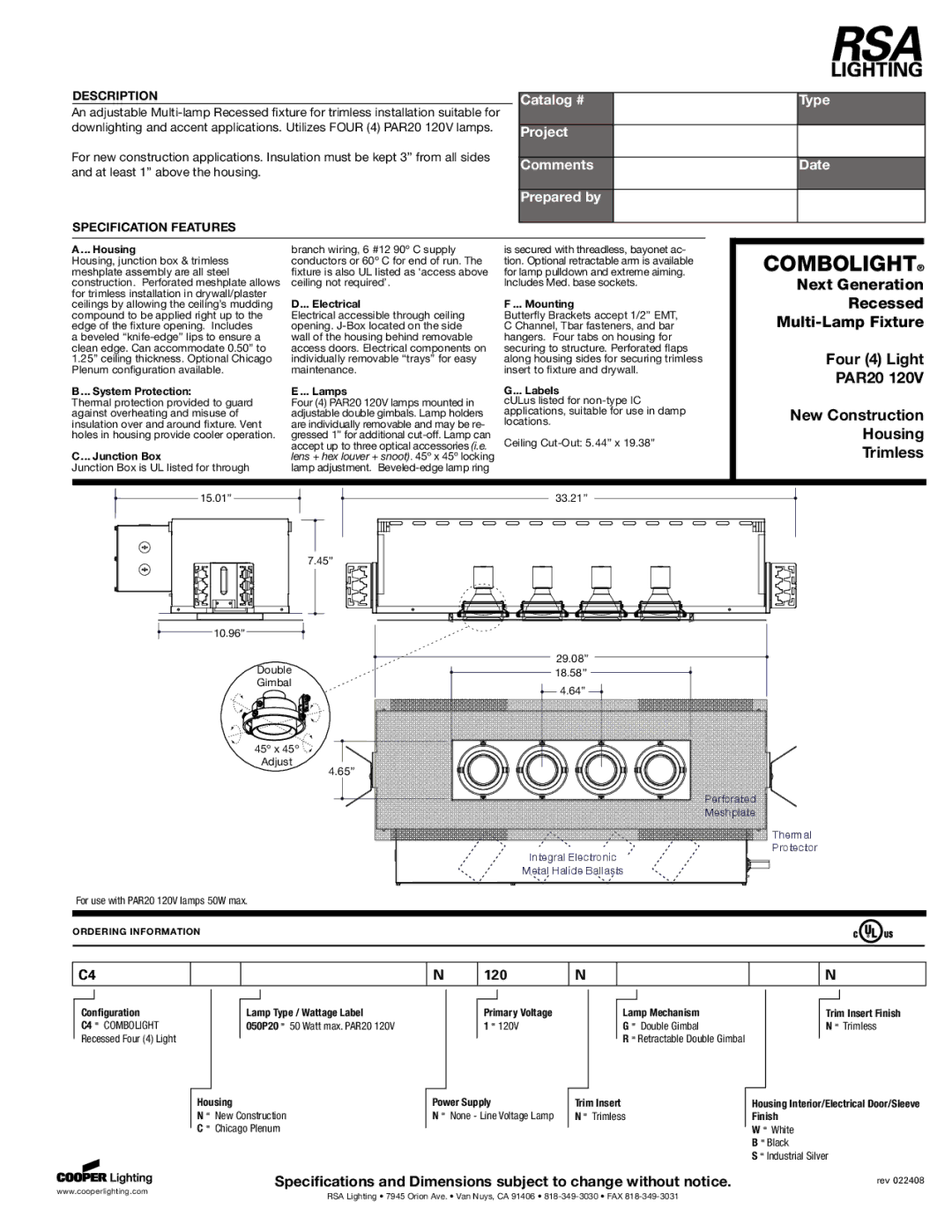 RSA Lighting SP97-V specifications Housing, System Protection, Junction Box, Electrical, Lamps, Mounting, Labels 