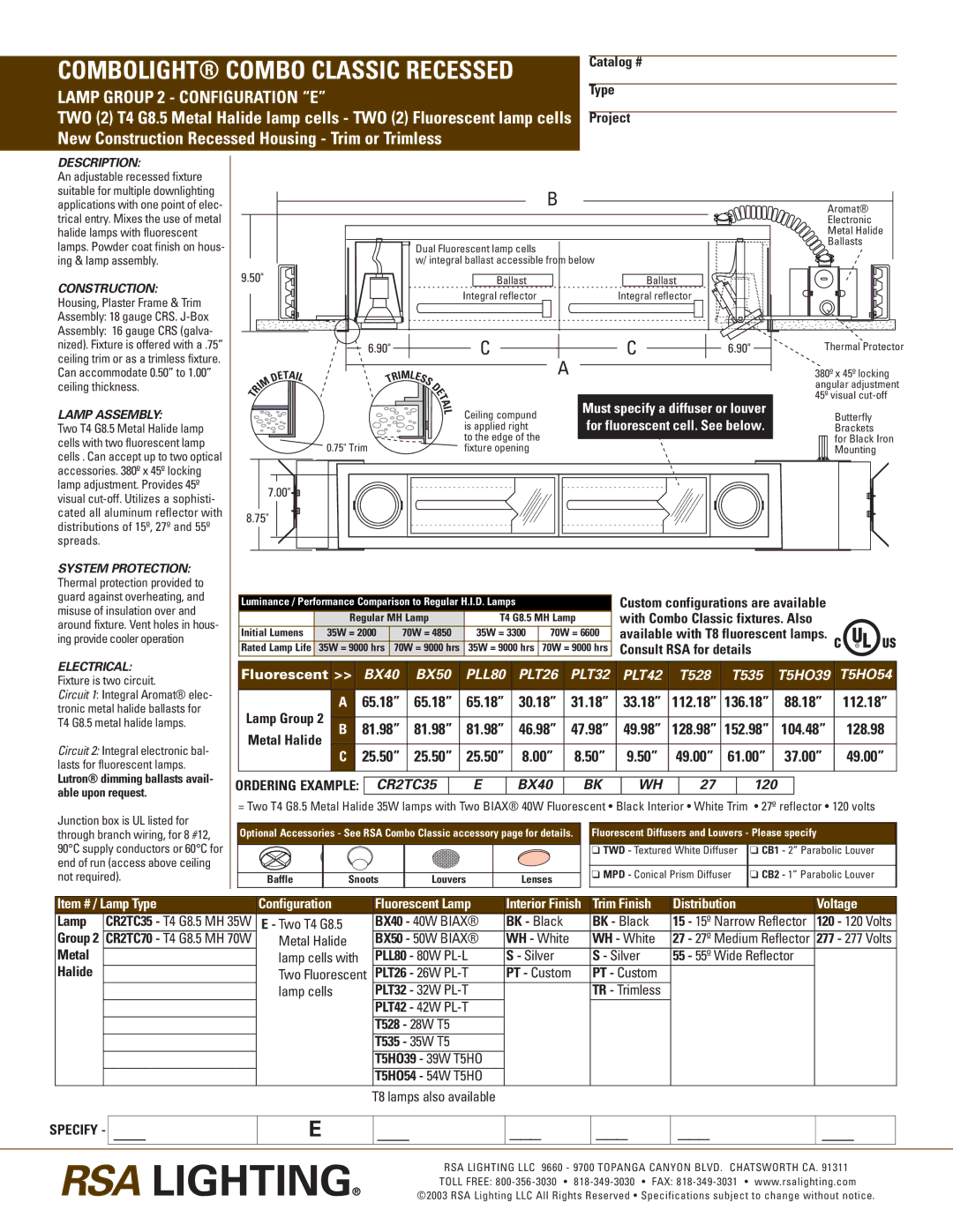 RSA Lighting T528, T535, T5HO39, PLT32, T5HO54, PLT26, PLL80, BX40, PLT42, BX50 specifications Description, Lamp Assembly 