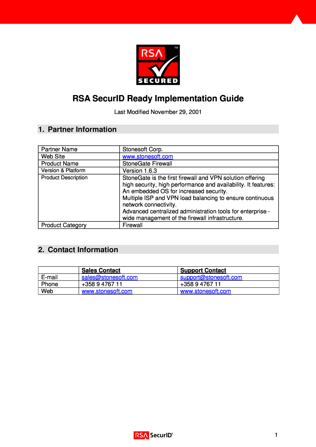 RSA Security 1.6.3 manual Partner Information, Contact Information, RSA SecurID Ready Implementation Guide 