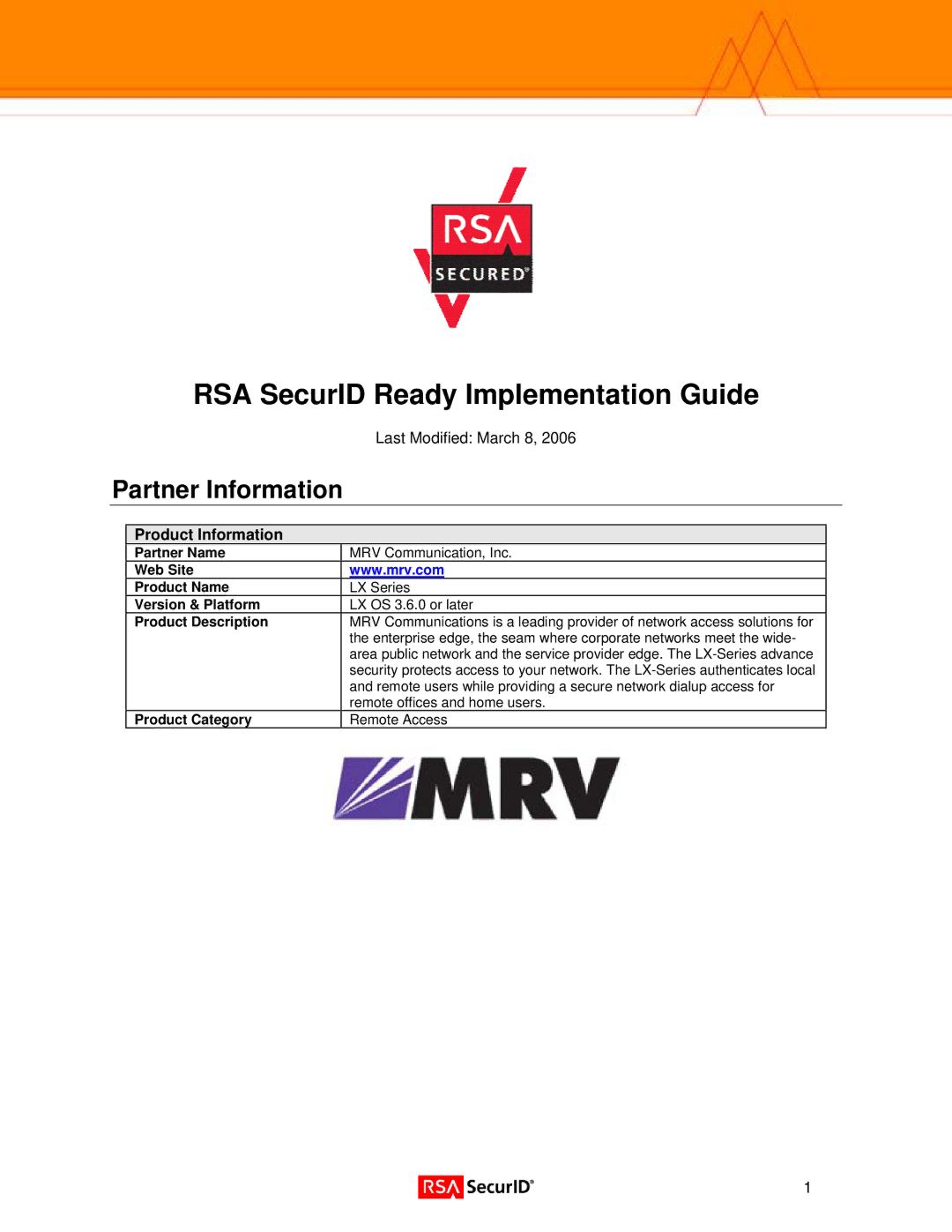 RSA Security 3.6.0 manual Partner Information, Product Information 