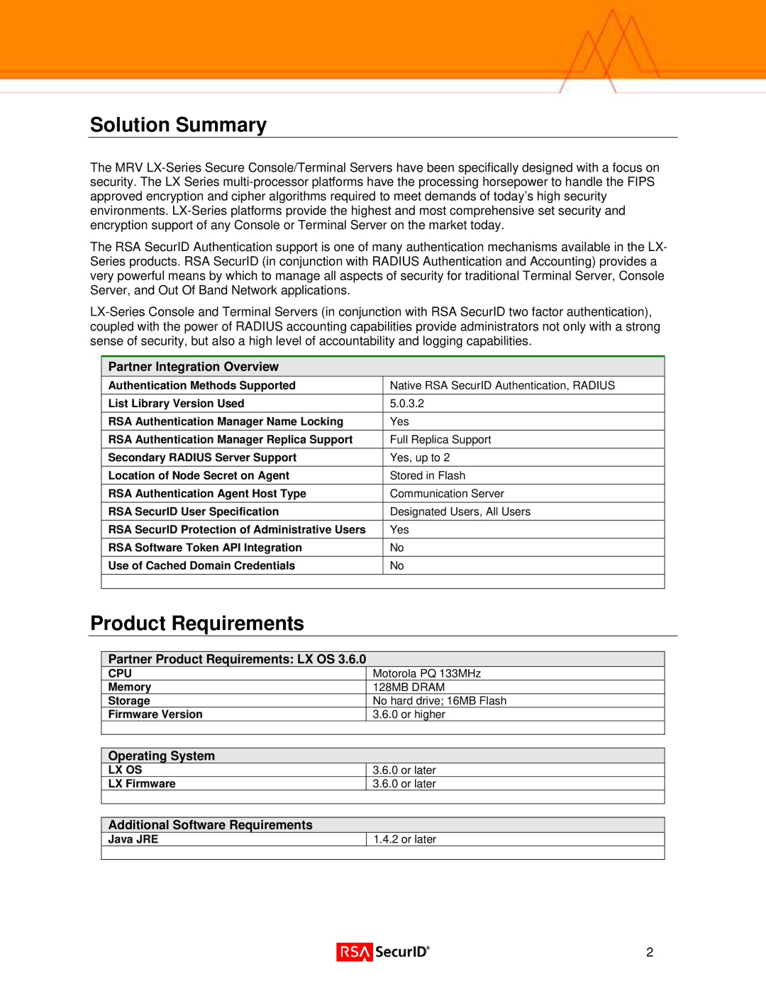 RSA Security 3.6.0 manual Solution Summary, Product Requirements 