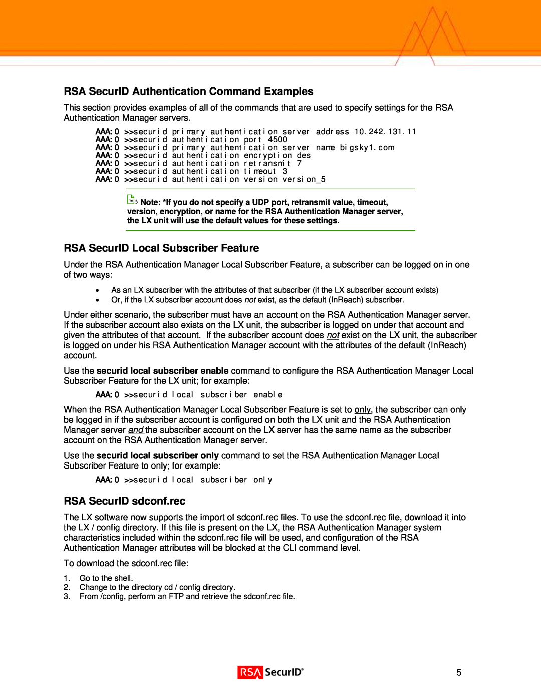 RSA Security 3.6.0 manual RSA SecurID Authentication Command Examples, RSA SecurID Local Subscriber Feature 