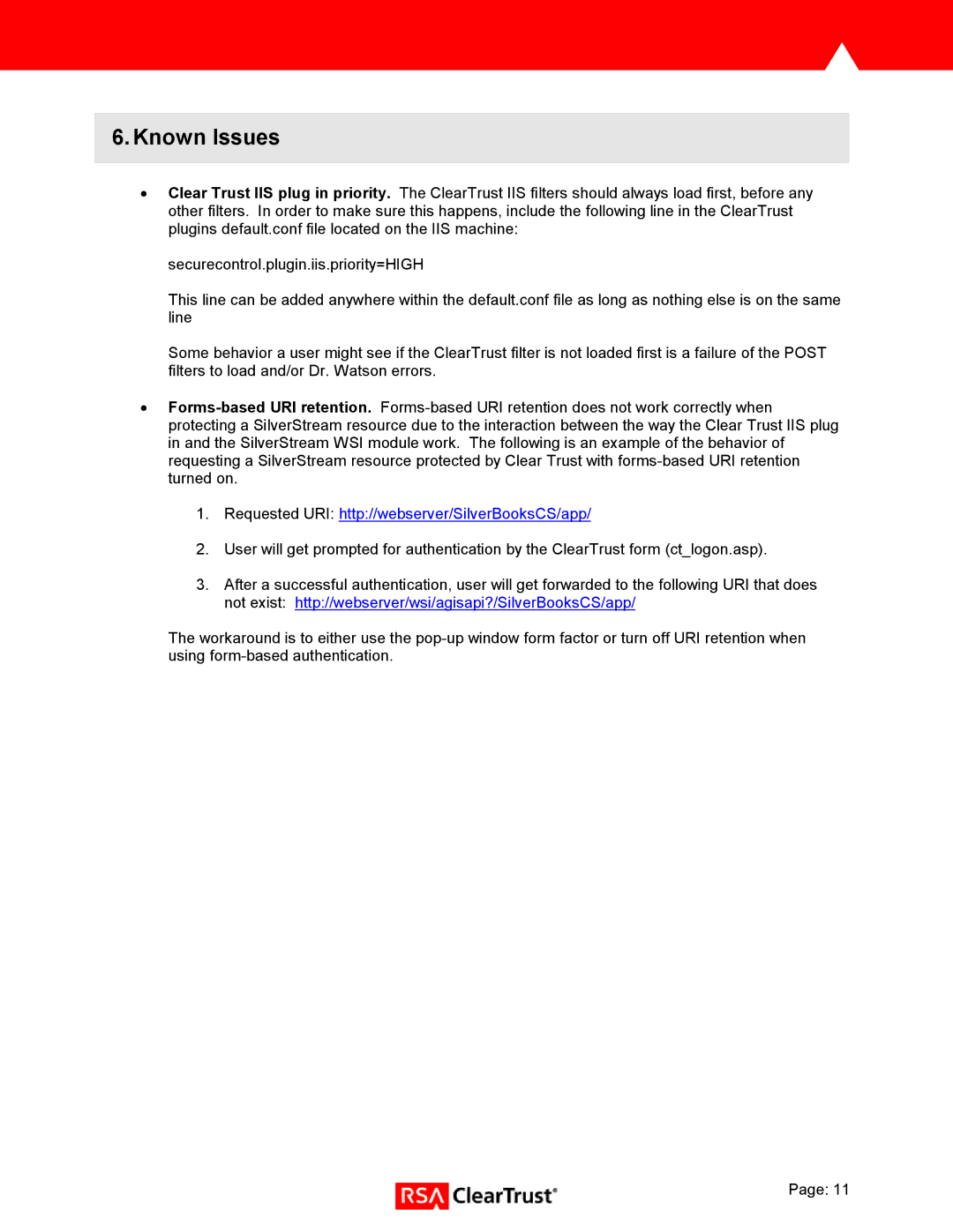 RSA Security 3.75 manual Known Issues, Requested URI http//webserver/SilverBooksCS/app 