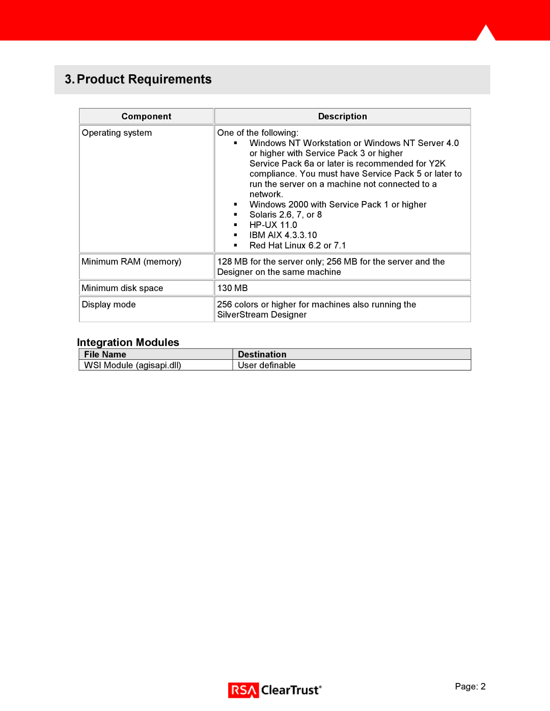 RSA Security 3.75 manual Product Requirements, Component, Description, File Name Destination 