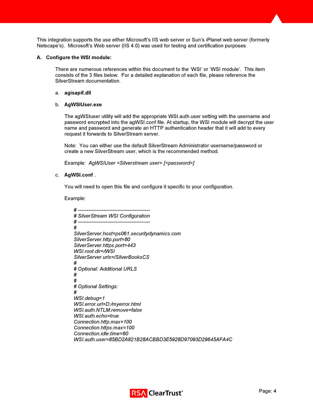 RSA Security 3.75 manual Configure the WSI module, Agisapif.dll AgWSIUser.exe, AgWSI.conf 