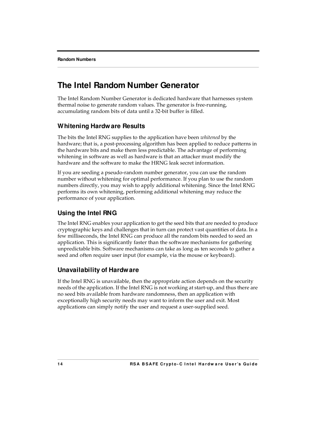 RSA Security 4.3 manual Intel Random Number Generator, Whitening Hardware Results, Using the Intel RNG 