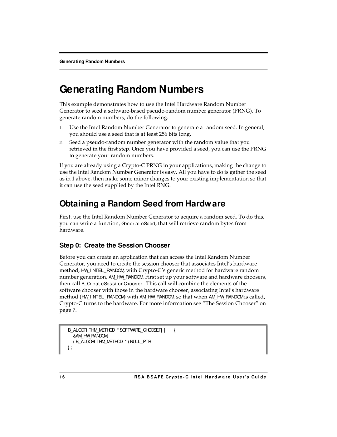 RSA Security 4.3 manual Generating Random Numbers, Obtaining a Random Seed from Hardware, Create the Session Chooser 