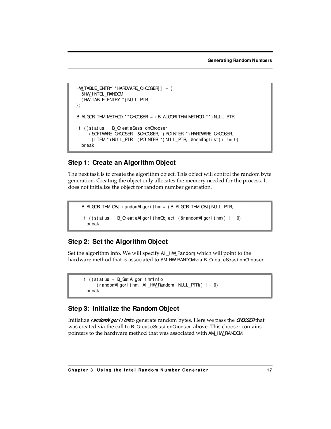 RSA Security 4.3 manual Create an Algorithm Object, Set the Algorithm Object, Initialize the Random Object 