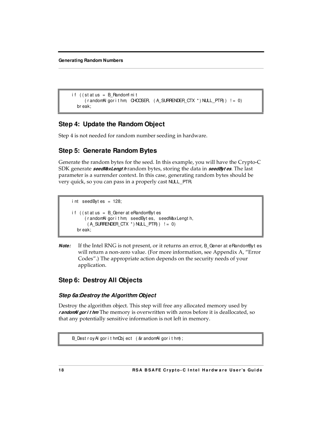 RSA Security 4.3 manual Update the Random Object, Generate Random Bytes, Destroy All Objects 