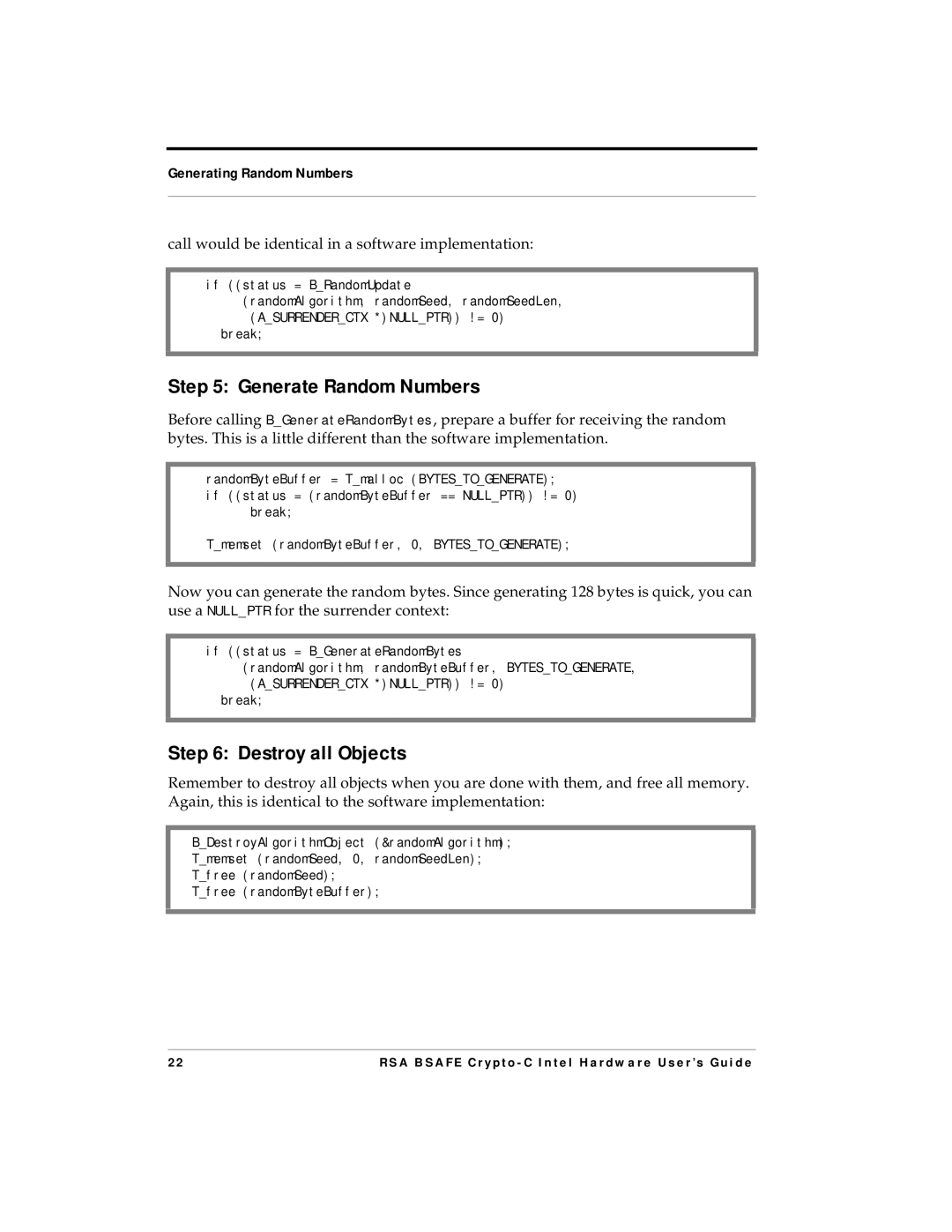 RSA Security 4.3 manual Generate Random Numbers, Call would be identical in a software implementation 