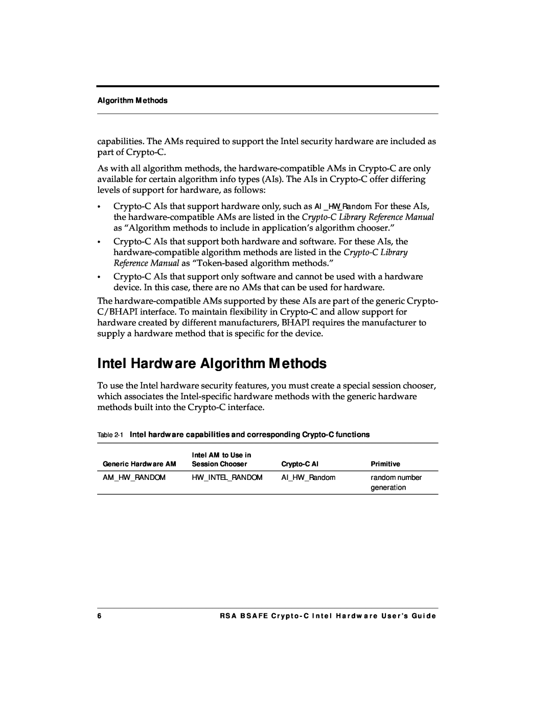 RSA Security 4.3 manual Intel Hardware Algorithm Methods 