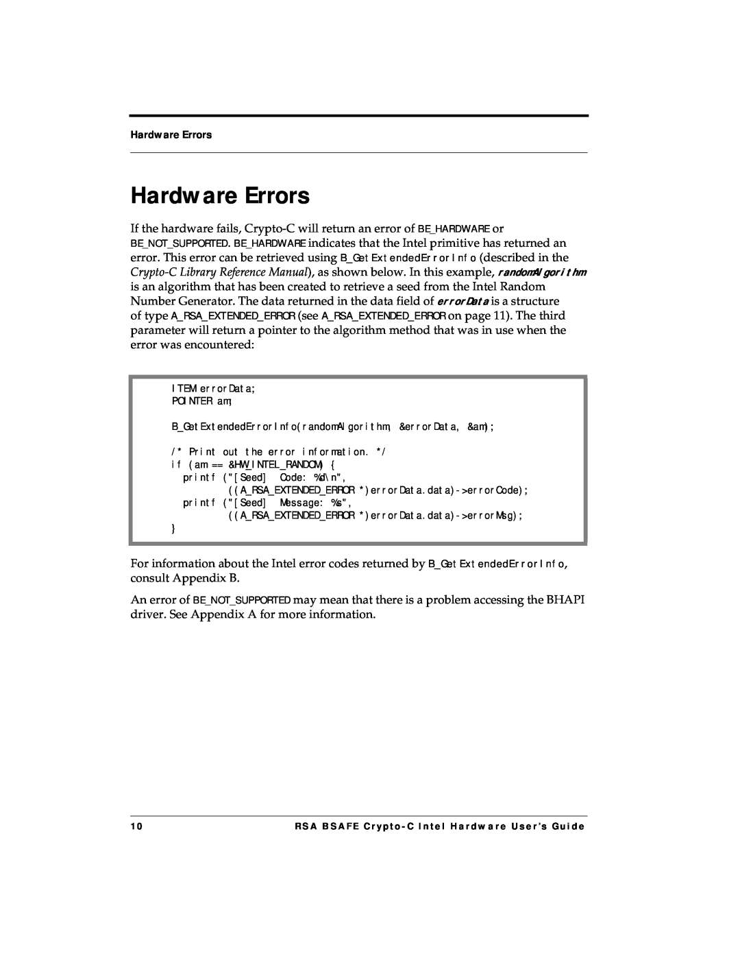 RSA Security 4.3 manual Hardware Errors 