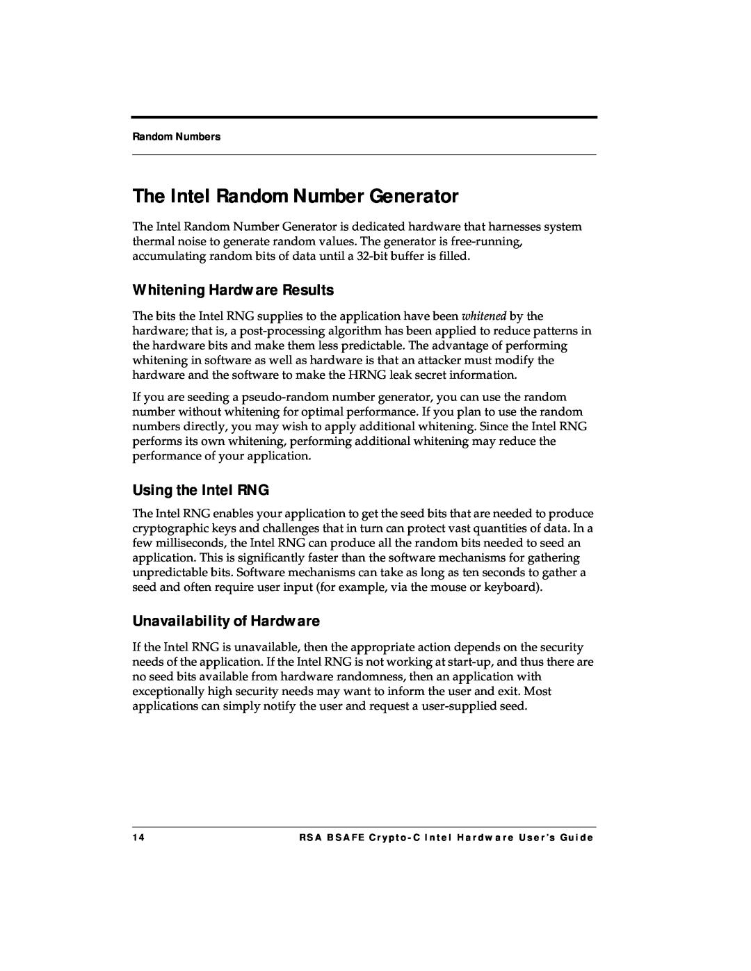 RSA Security 4.3 manual The Intel Random Number Generator, Whitening Hardware Results, Using the Intel RNG, Random Numbers 