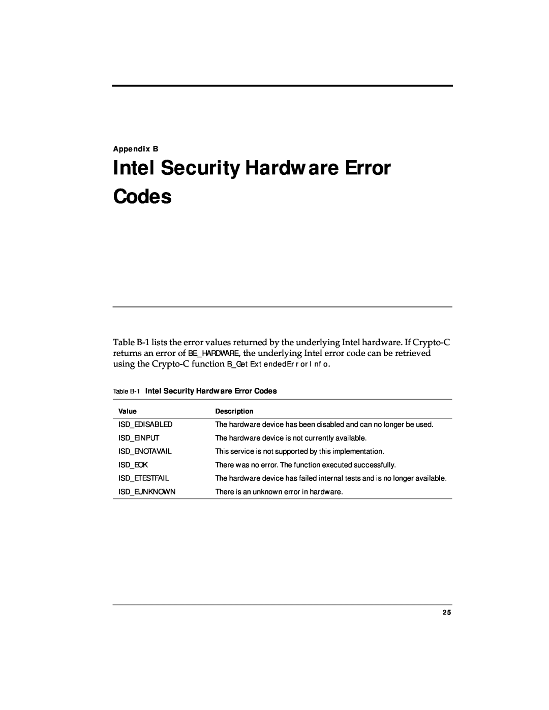 RSA Security 4.3 manual Appendix B, Table B-1 Intel Security Hardware Error Codes 
