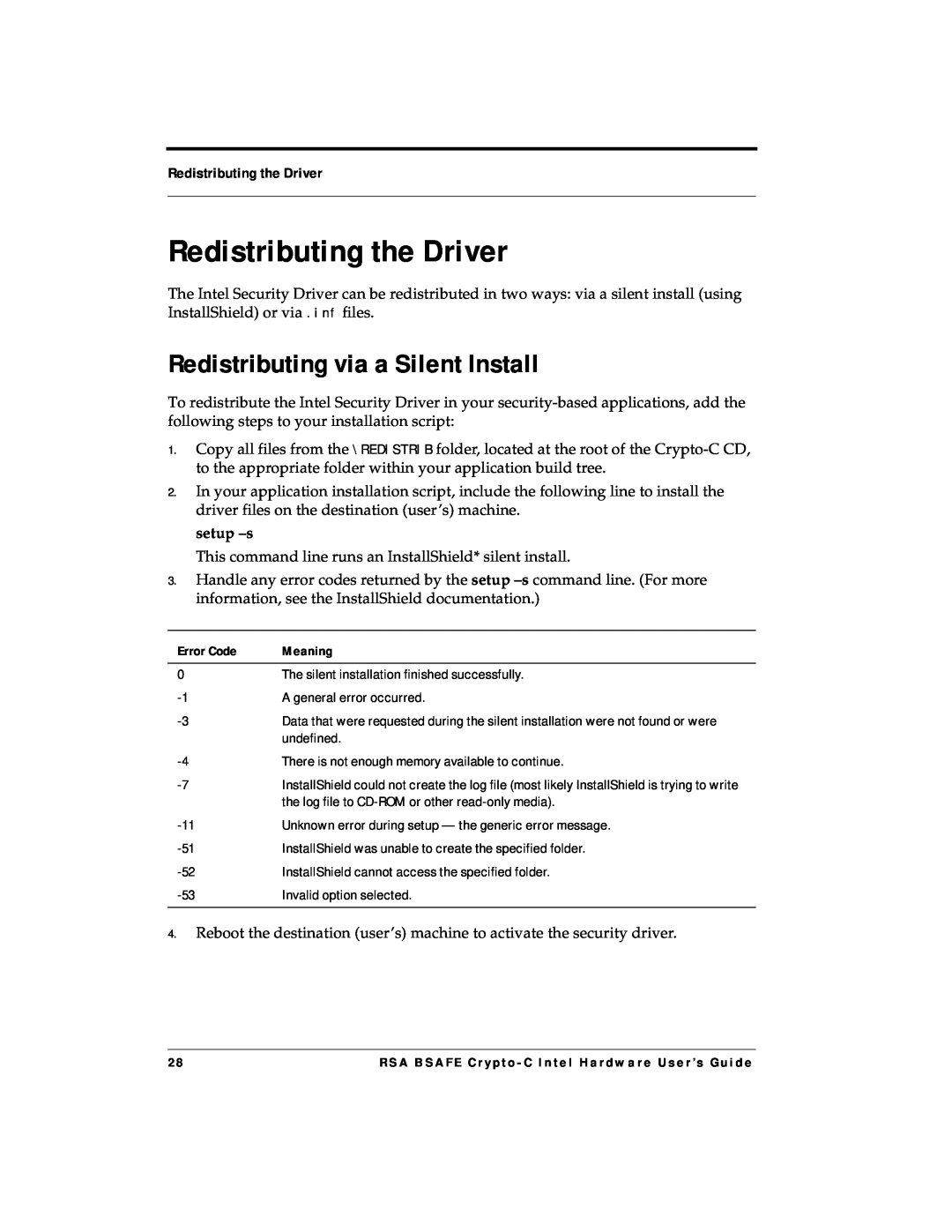 RSA Security 4.3 manual Redistributing the Driver, Redistributing via a Silent Install, setup -s 