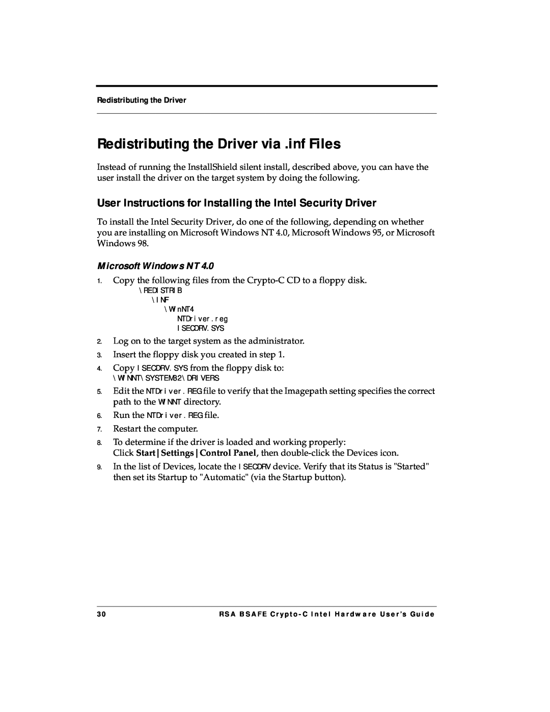 RSA Security 4.3 manual Redistributing the Driver via .inf Files, Microsoft Windows NT 