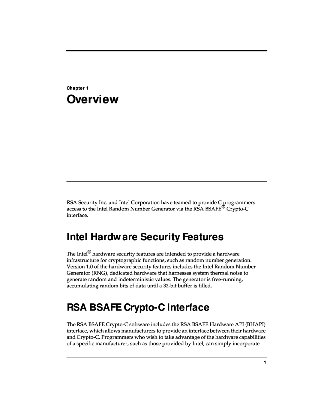 RSA Security 4.3 manual Overview, Intel Hardware Security Features, RSA BSAFE Crypto-CInterface, Chapter 