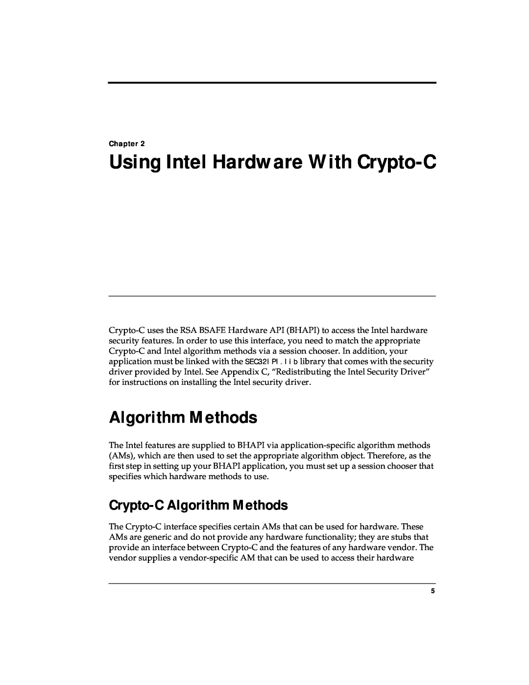 RSA Security 4.3 manual Crypto-CAlgorithm Methods, Using Intel Hardware With Crypto-C, Chapter 