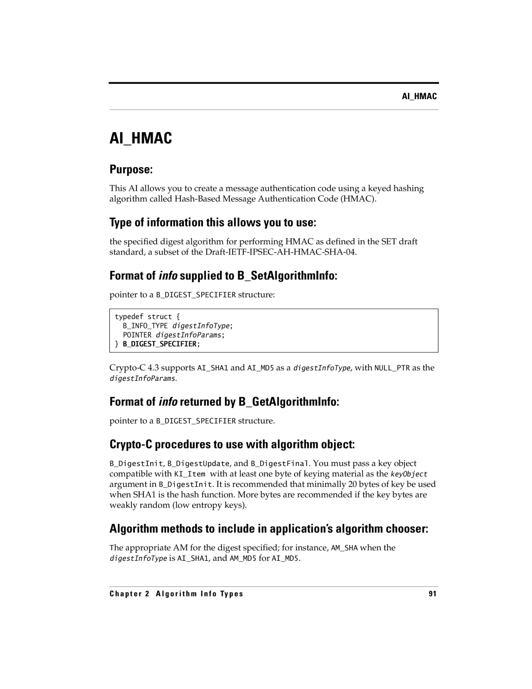 RSA Security 5 manual Aihmac, Pointer to a Bdigestspecifier structure 