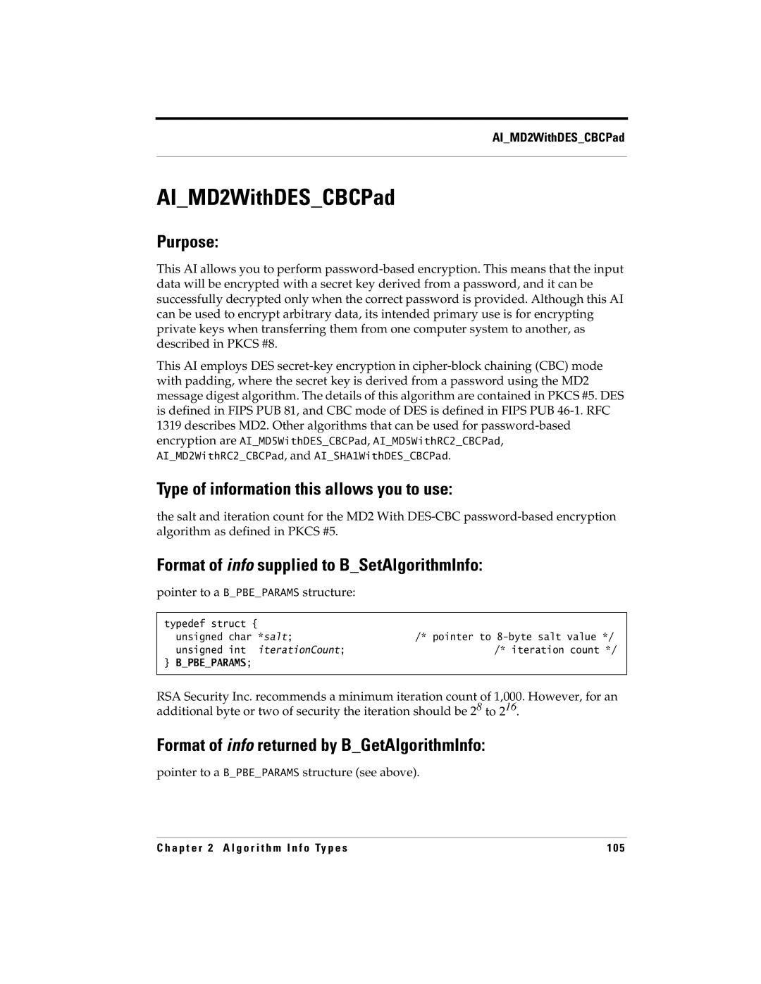 RSA Security 5 manual AIMD2WithDESCBCPad, Pointer to a Bpbeparams structure see above 