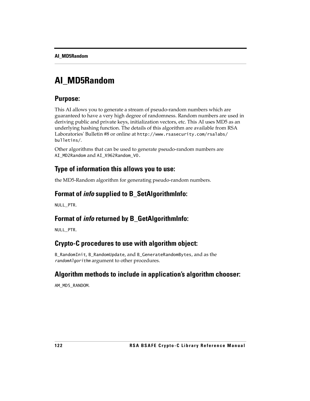 RSA Security manual AIMD5Random, MD5-Random algorithm for generating pseudo-random numbers 