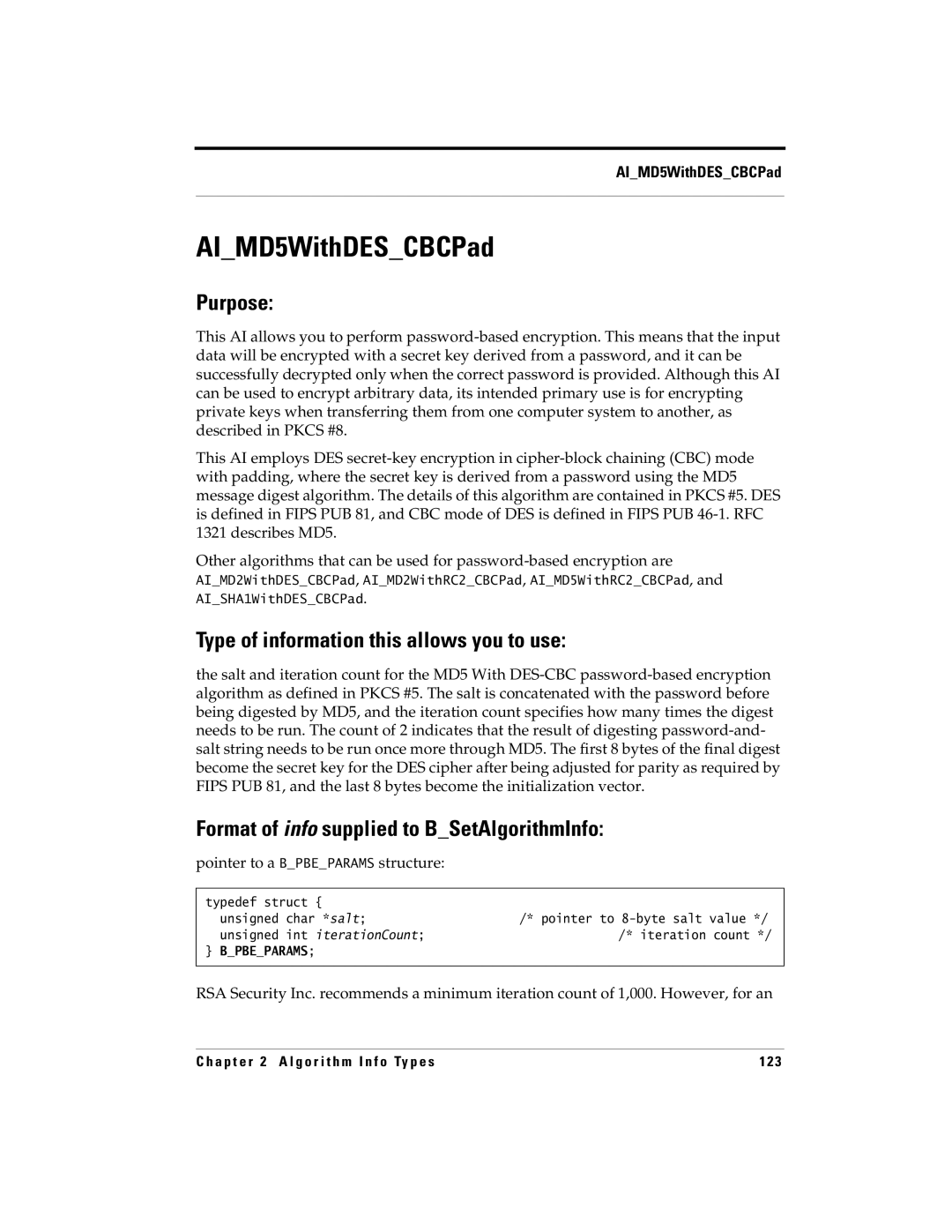 RSA Security manual AIMD5WithDESCBCPad, Pointer to a Bpbeparams structure 