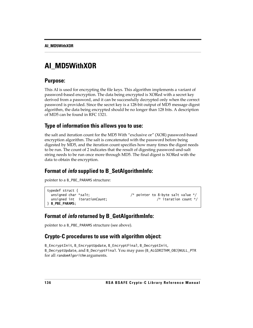 RSA Security manual AIMD5WithXOR, Pointer to a Bpbeparams structure 