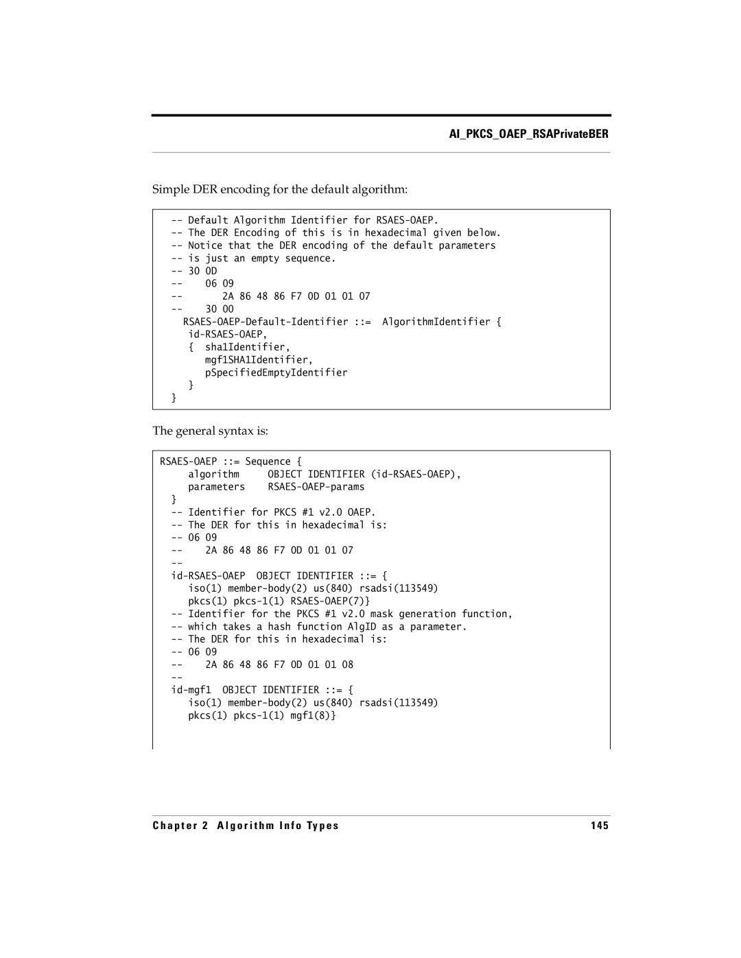 RSA Security 5 manual Simple DER encoding for the default algorithm, General syntax is 