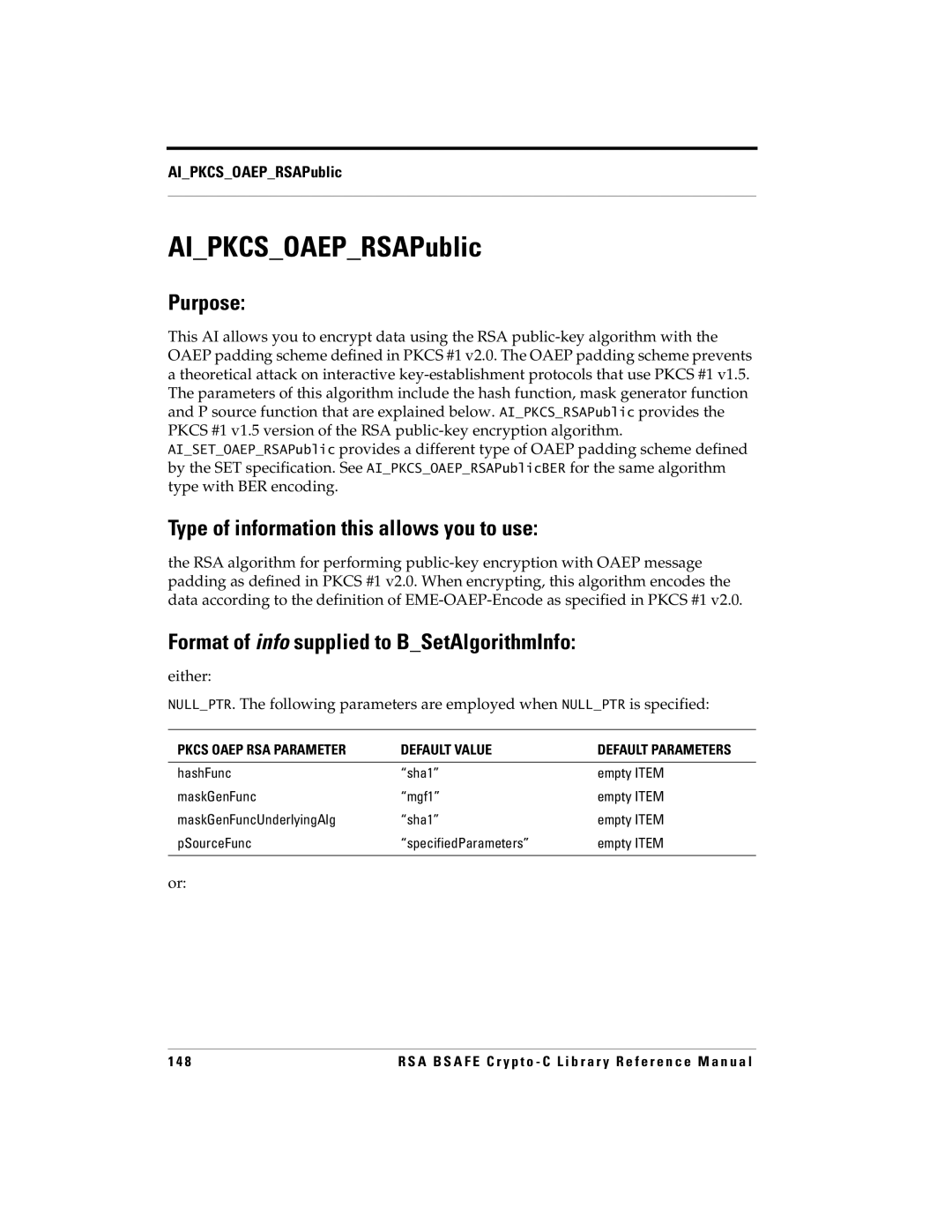 RSA Security 5 manual AIPKCSOAEPRSAPublic, Pkcs Oaep RSA Parameter Default Value Default Parameters 