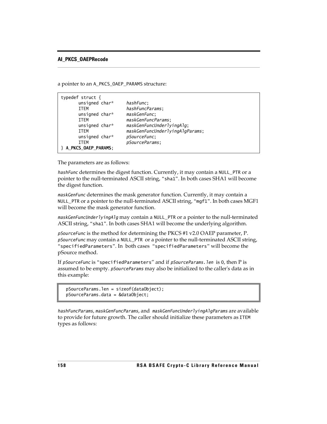 RSA Security 5 manual Pointer to an Apkcsoaepparams structure 