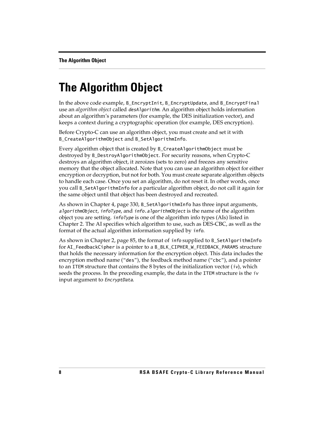 RSA Security manual Algorithm Object, As shown in , page 85, the format of info supplied to 