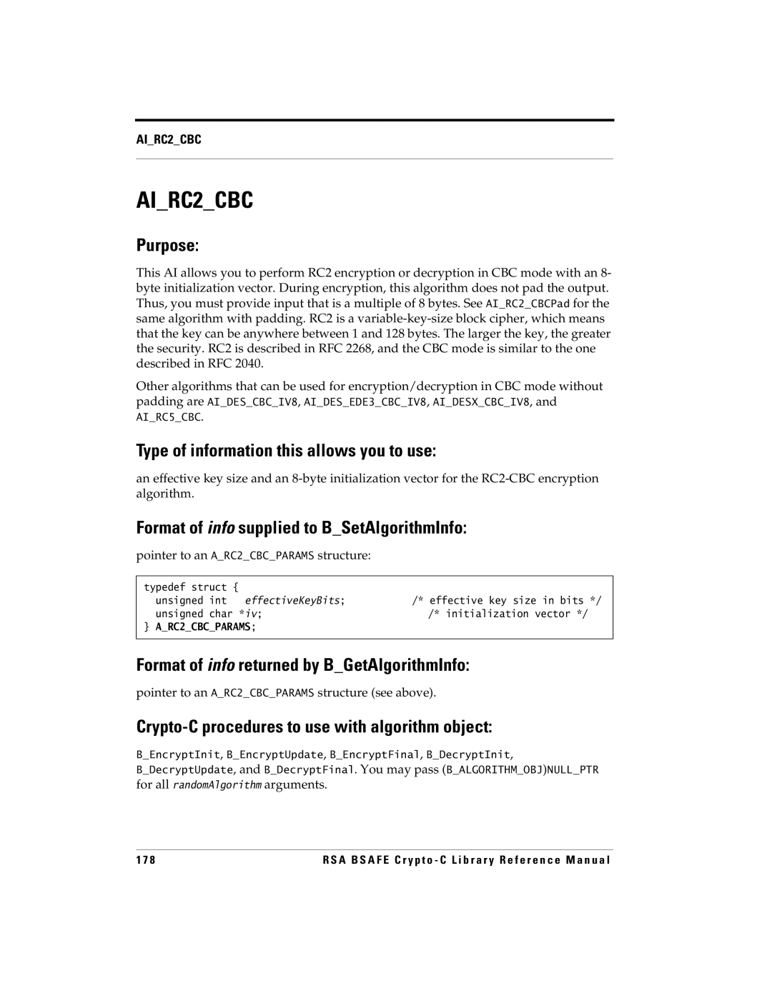 RSA Security 5 manual AIRC2CBC, Pointer to an ARC2CBCPARAMS structure see above 