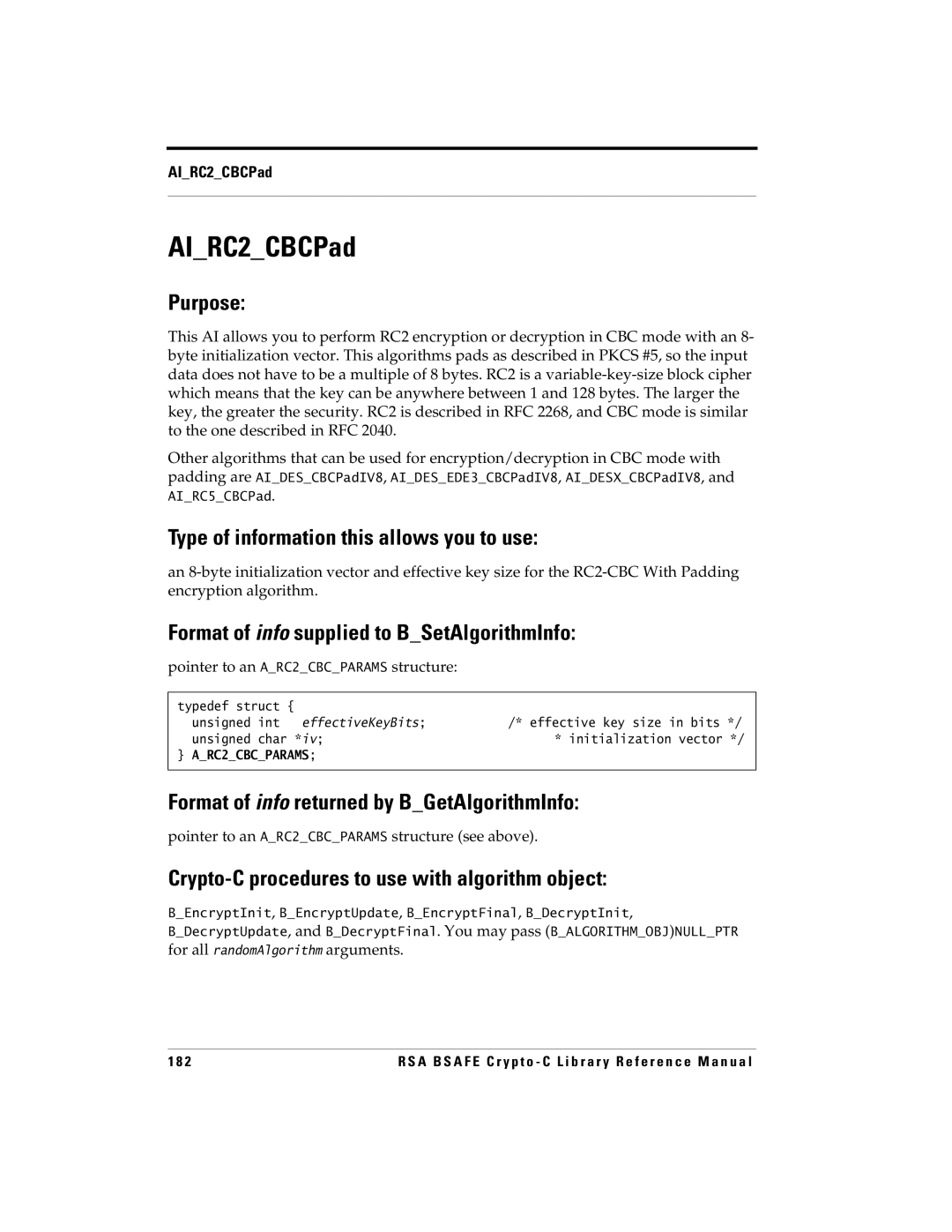 RSA Security 5 manual AIRC2CBCPad, Pointer to an ARC2CBCPARAMS structure 