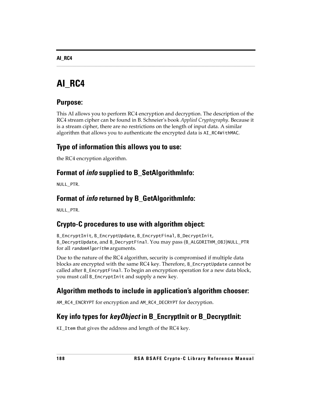 RSA Security 5 manual AIRC4, RC4 encryption algorithm, AMRC4ENCRYPT for encryption and AMRC4DECRYPT for decryption 