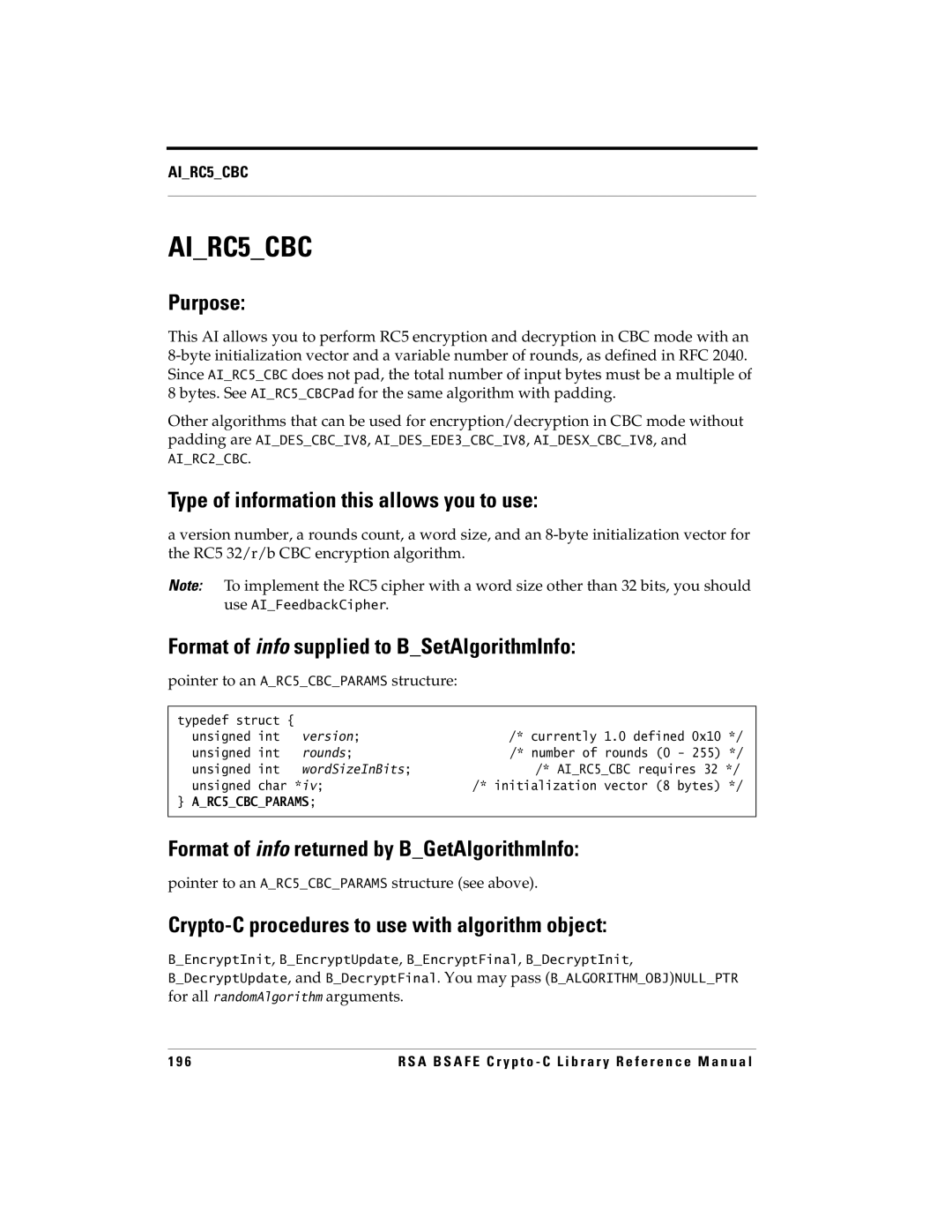 RSA Security manual AIRC5CBC, Pointer to an ARC5CBCPARAMS structure see above 