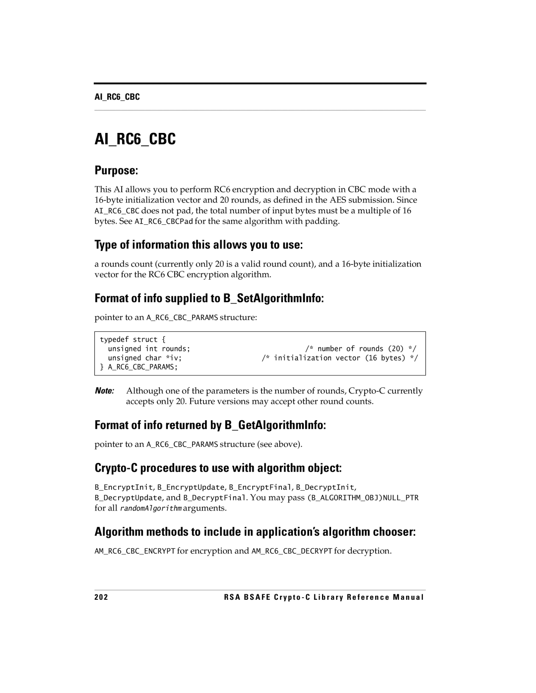 RSA Security 5 manual AIRC6CBC, Pointer to an ARC6CBCPARAMS structure see above 