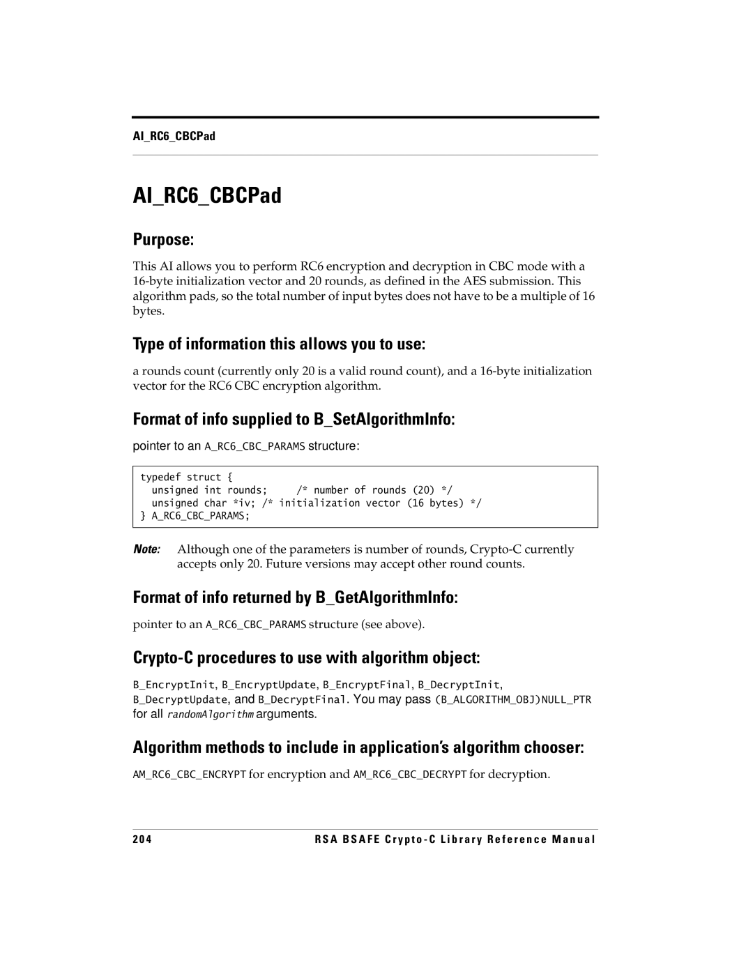 RSA Security 5 manual AIRC6CBCPad, Pointer to an ARC6CBCPARAMS structure 