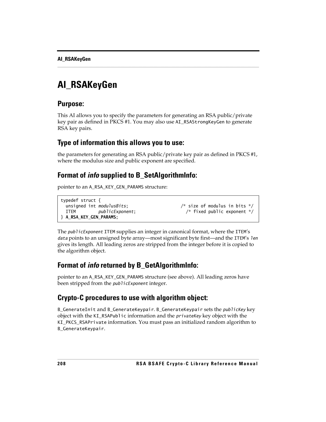 RSA Security 5 manual AIRSAKeyGen, Pointer to an Arsakeygenparams structure 