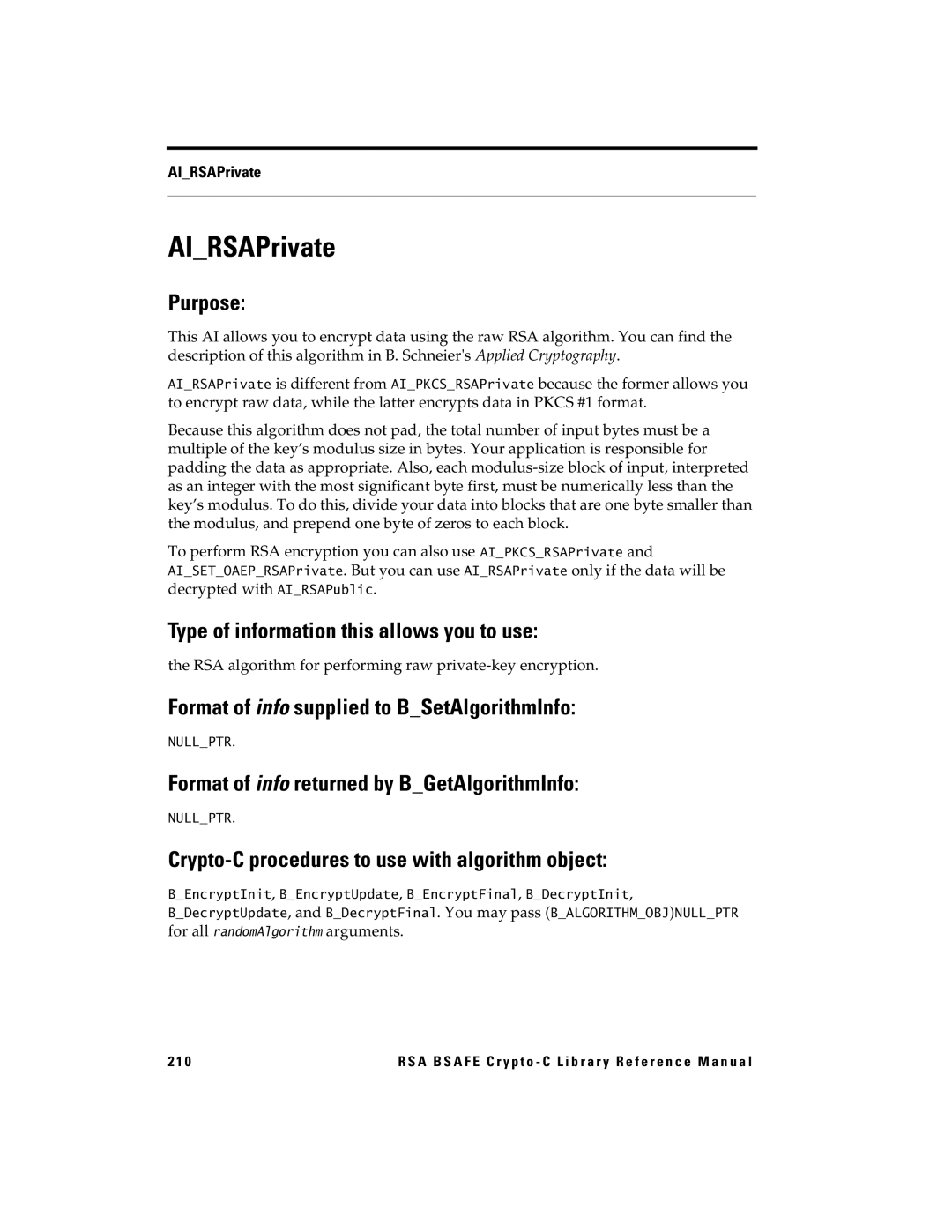 RSA Security 5 manual AIRSAPrivate, RSA algorithm for performing raw private-key encryption 